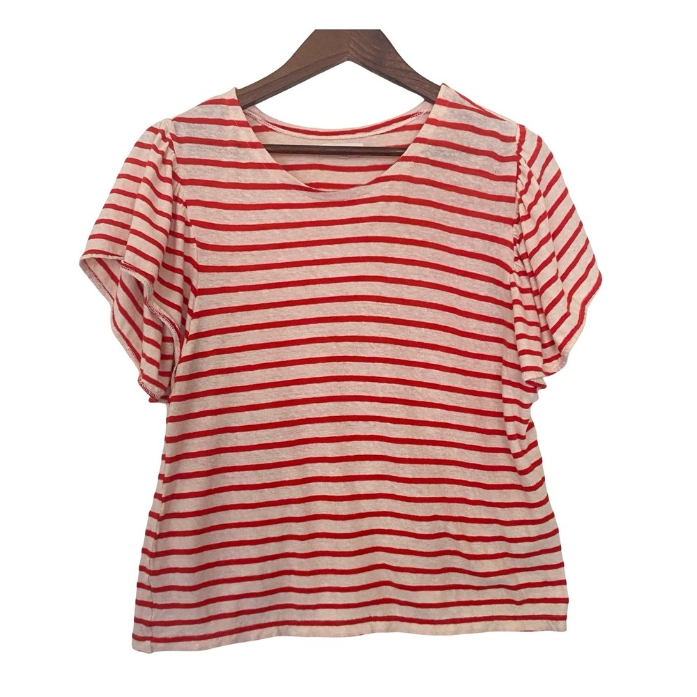 Madewell Flutter Sleeve Women T-Shirt M Red White Striped Cotton M0077